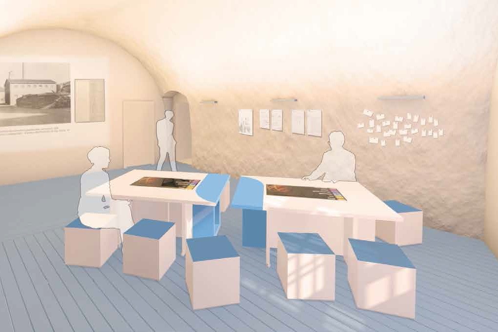 Gestaltungsentwurf mit Darstellung der Medientische in den ehemaligen Gemeinschaftshaftzellen in Haus III, Grafik: Hinz & Kunst
